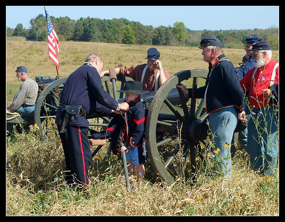 Union artillerymen welcome a new member at the battle of Perryville, Kentucky reenactment, 2016